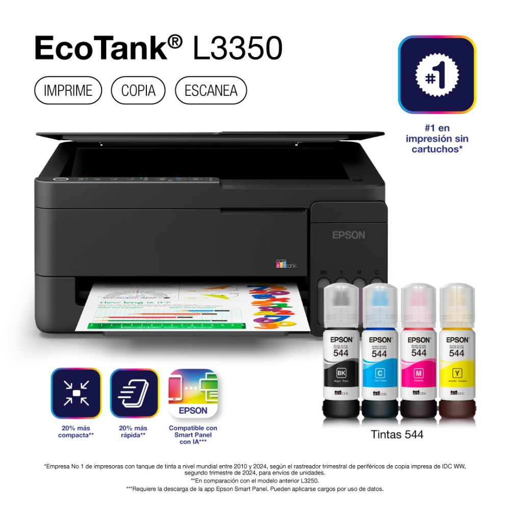 Imagen 2 del producto Impresora multifuncional Epson EcoTank L3350, inyección de tinta, inalámbrica, Wi-Fi, tanques recargables, negro